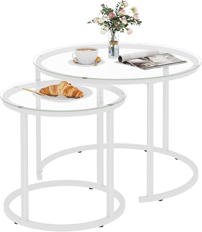 aboxoo White Nesting Glass Table Set of 2, Small Glass Round Nesting Tables