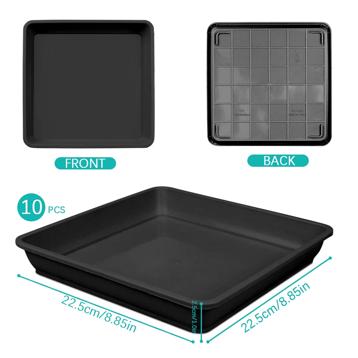 LNQ LUNIQI 10 PCS Square Plastic Plant Saucer 8 Inch Flower Pot Bottom Seat Flower Pot Tray Thick Plastic Drip Tray for Garden Potted Water Drips and Soil （Black）