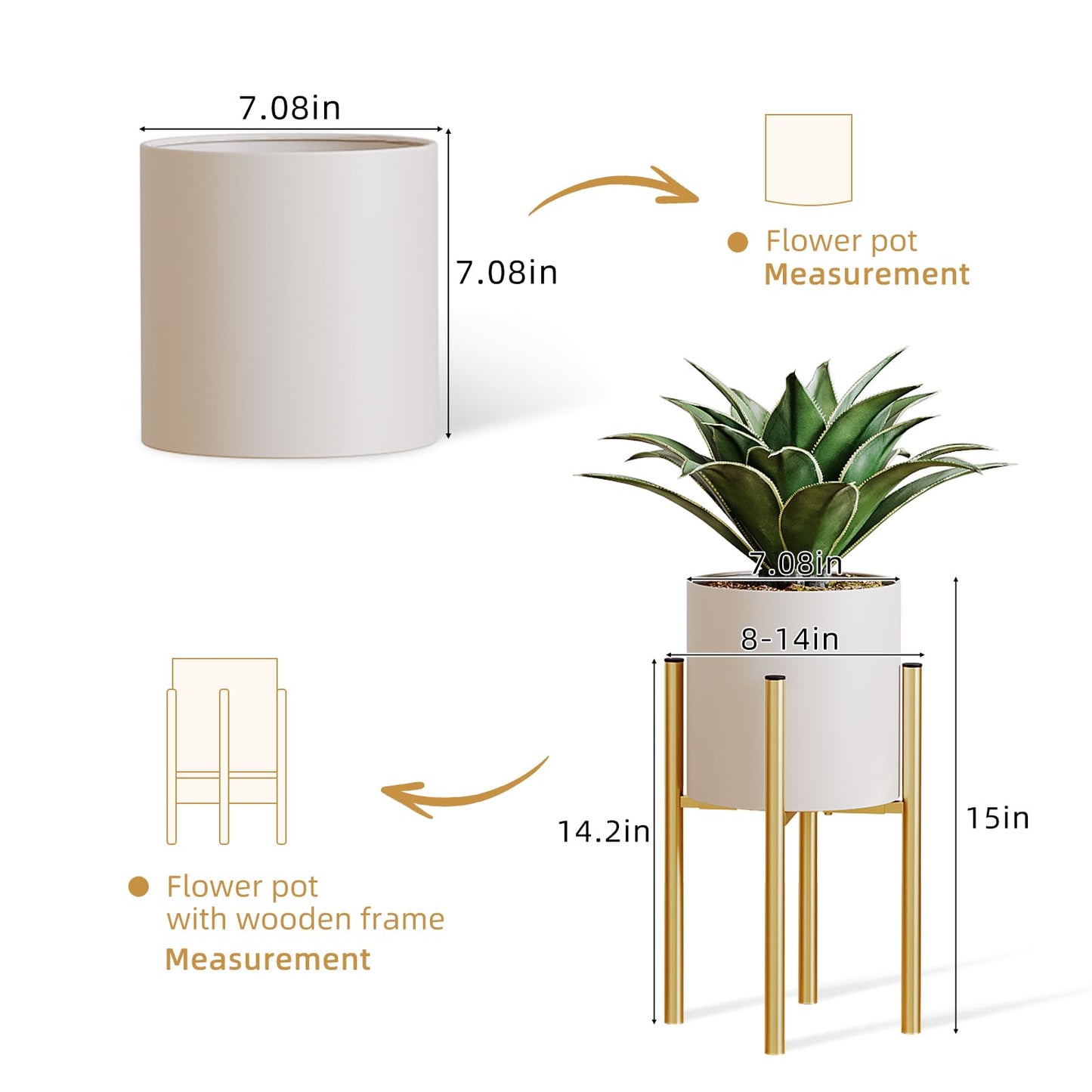 Rioneta Metal Plant Pot with Adjustable Stand, Mid Century Modern Planter Holder Capacity of 160LB for 8 to 14 Inch, Living Room Garden Bedroom Office Indoor Outdoor Beige & Golden