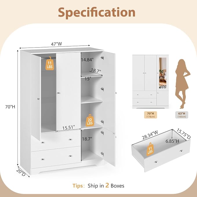 VINGLI Armoire Wardrobe Closet with Doors and Mirror,47"W Wardrobe Cabinet Wooden with Hanging Rod & Shelves Inside, 4 Door Bedroom Armoires with Drawers, Modern White Freestanding Armoire for Bedroom