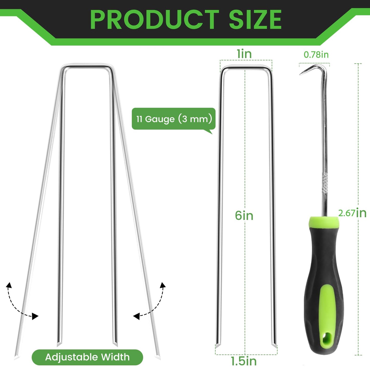 200 Pack 6 Inch Landscape Staples + 1 Hook 11 Gauge Heavy Duty Galvanized Garden Stakes, U-Shaped Ground Pins for Weed Barrier Fabric, Drip Irrigation Tubing, Sod, Lawn & Christmas Outdoor Decorations