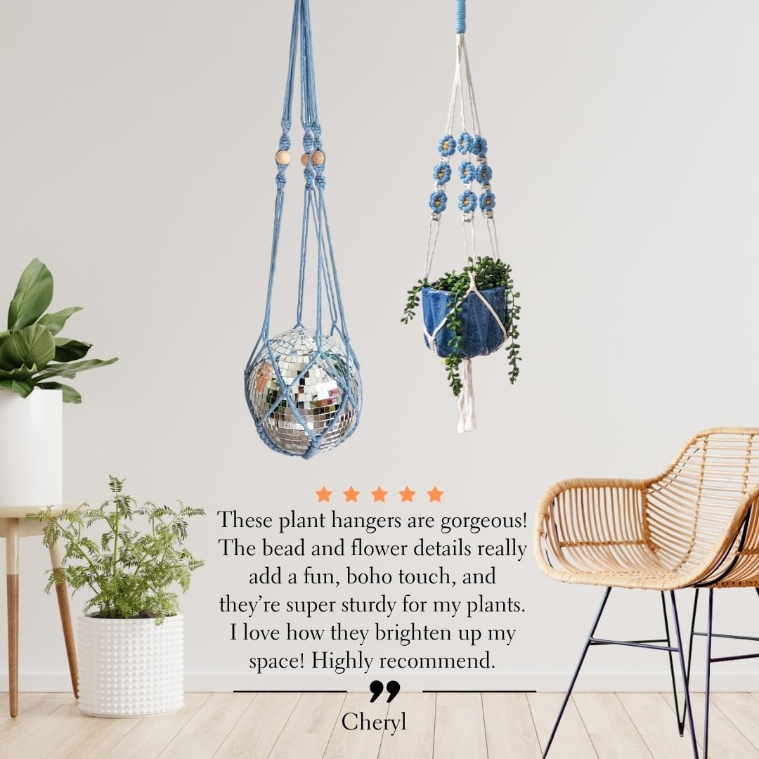 Set of 2 Macrame plant hanger with Daisies & Beads | Hanging plant holder Macrame Plant hangers outdoor and indoor hanging planters Plant stand indoor Boho Decor hanging planter stand (Cloudy Day)
