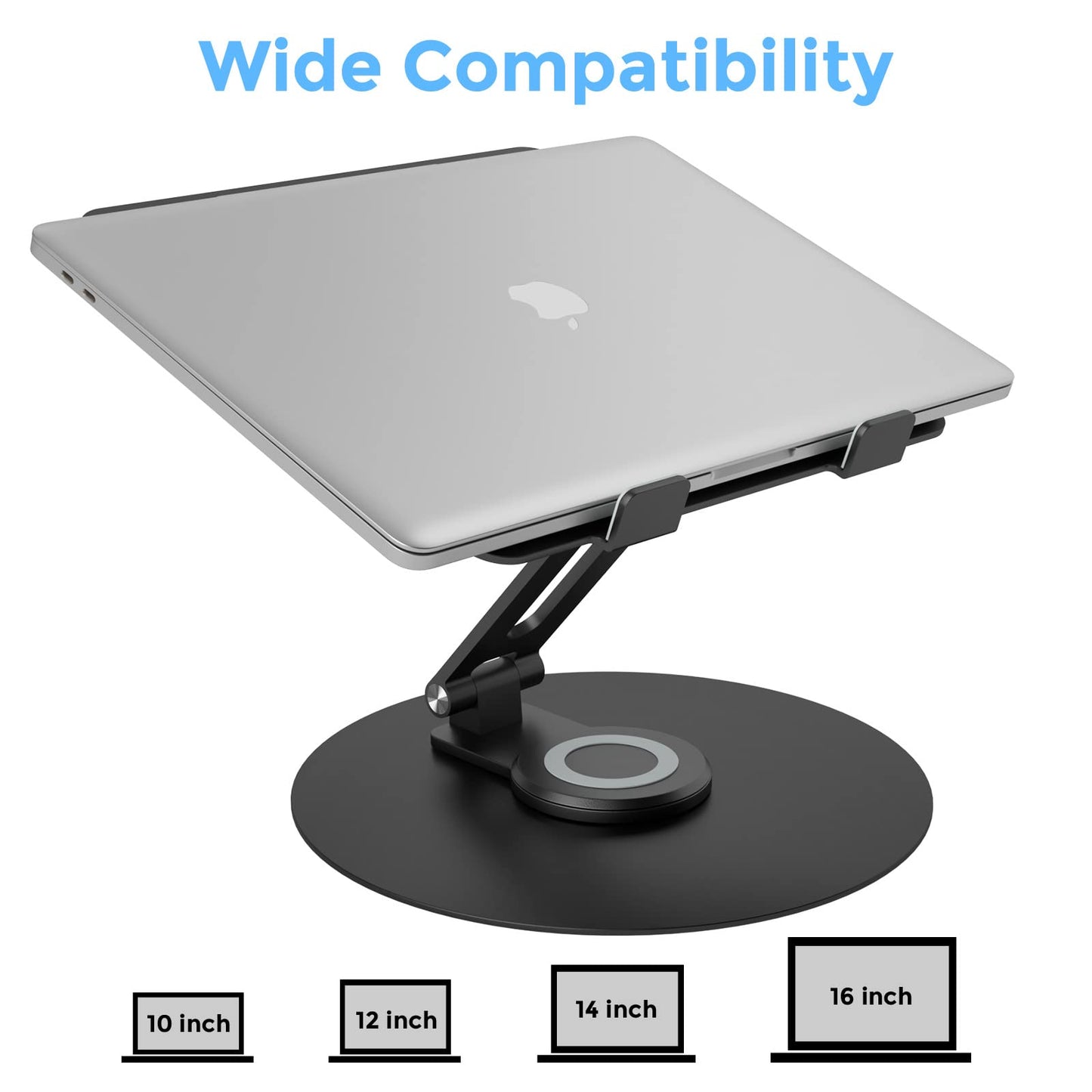 Swivel Laptop Stand for Desk, Adjustable Height Aluminum Computer Stand with 360 Rotating Base, Foldable Ergonomic Riser, Portable Laptop Holder Compatible with MacBook, All Laptops 10-17'', Black