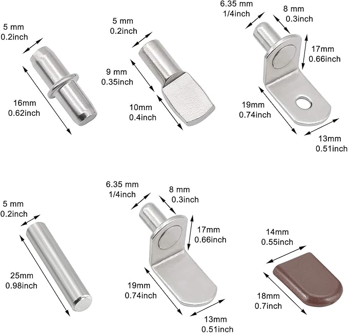 102Pcs Shelf Pins Pegs Kit, 6 Styles Nickel Plated Shelf Support Pegs,