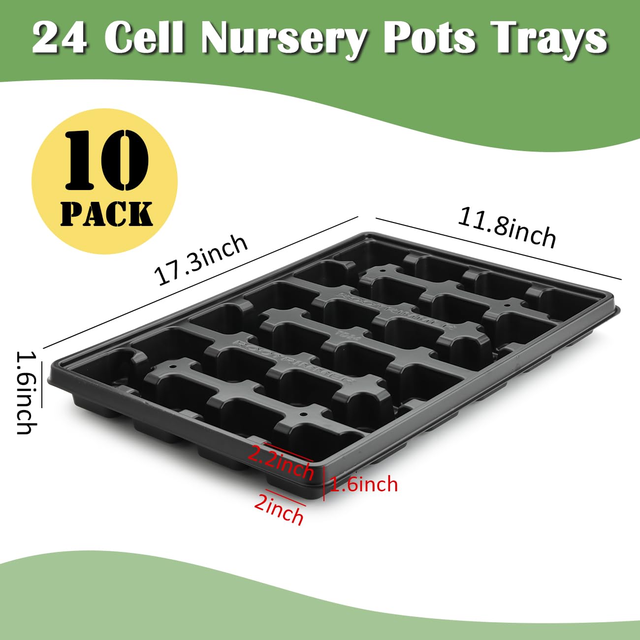 RooTrimmer 24 Cell Nursery Pots Trays 10 Pack (17"x11"x1.6"), Reusable Plastic Plant Pot Tray with Drain Holes, Carrying Seed Starter Tray for Holding 2.8 inch (7CM) Square Nursery Pots (Black)