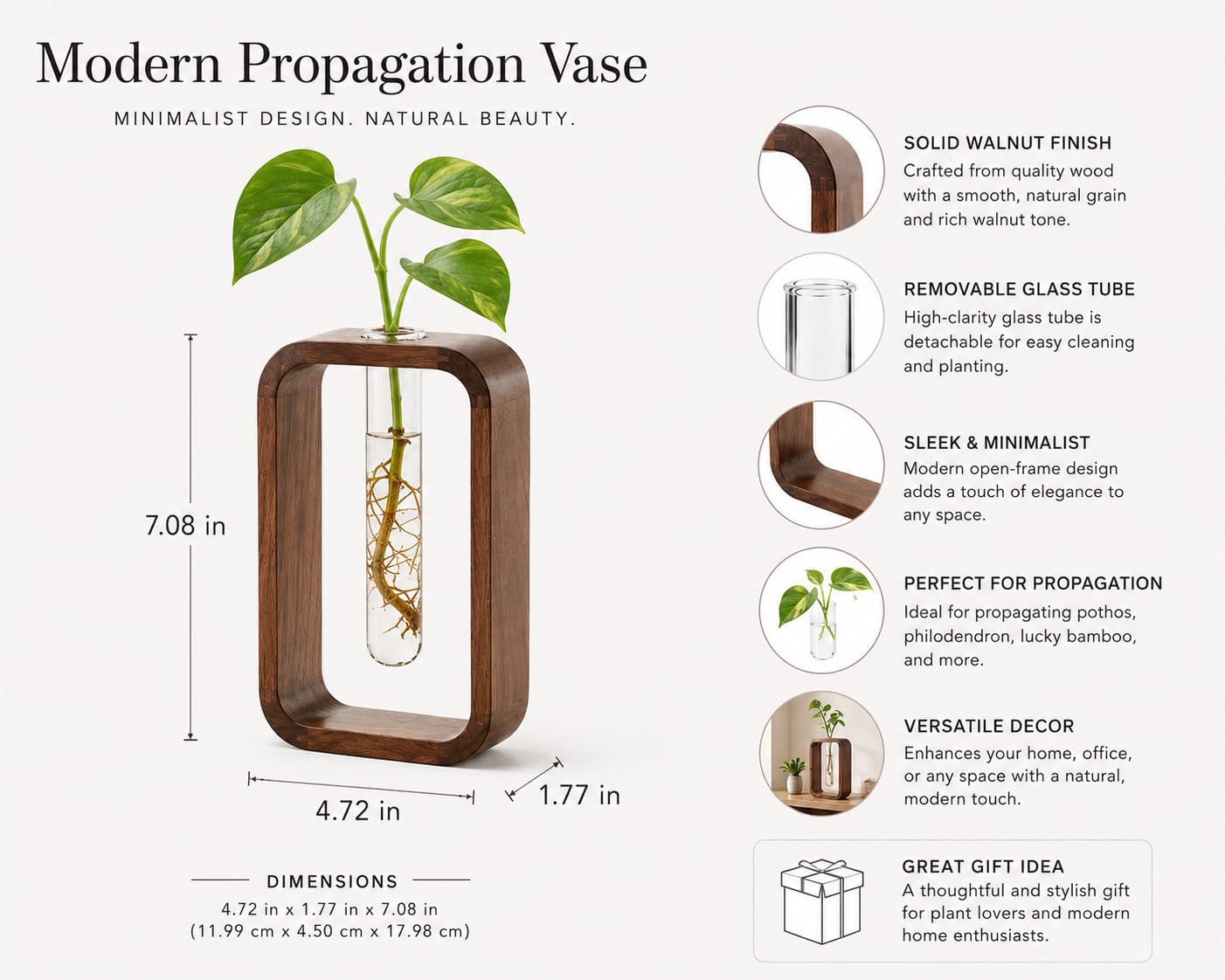 TerraSol Modern Wooden Frame Glass Vase Hydroponic Planter – Minimalist Square Propagation Station with Test Tube Vase – Indoor Plant Terrarium for Flower, Cuttings & Home Office Decor