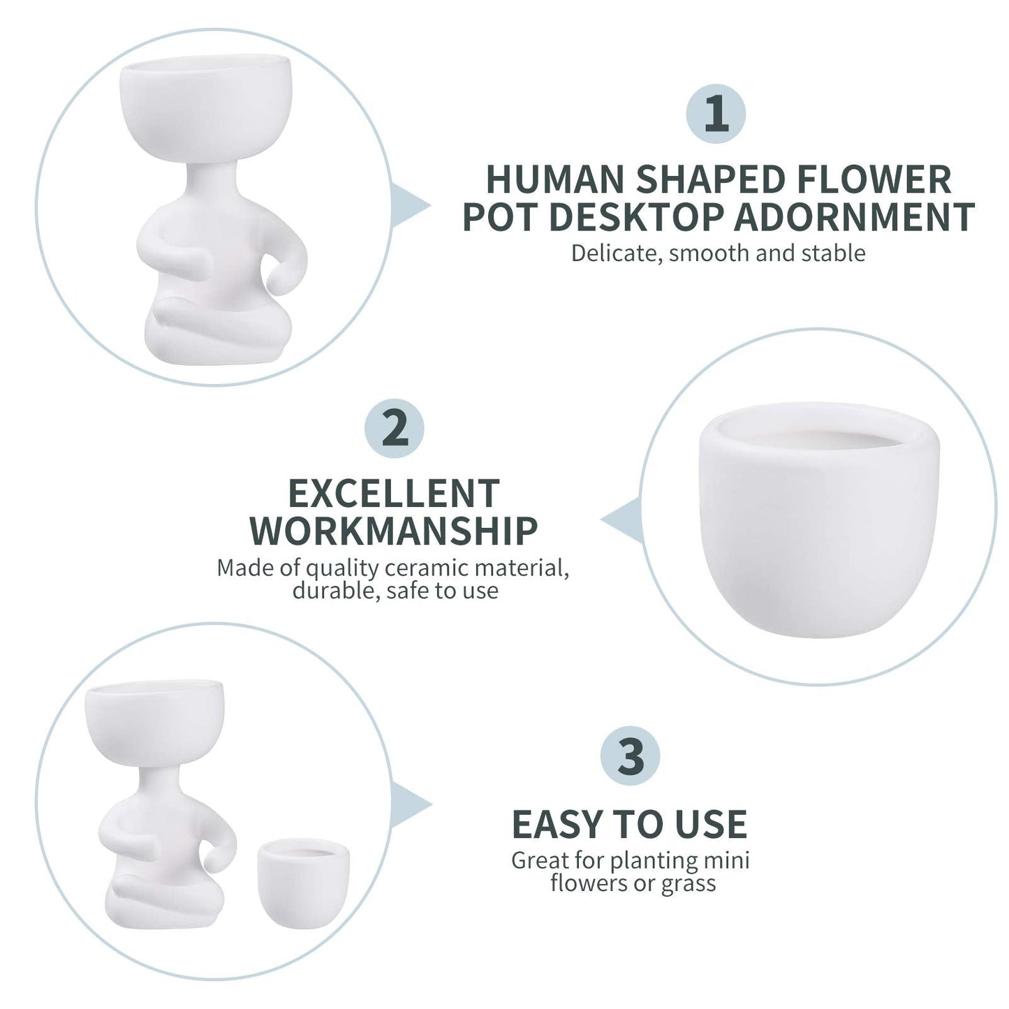Humanoid Ceramic Flower Pot,Unique Small Planter Sitting Human Shaped Succulent Cactus Cute Plant Pot Container for Home Office Room Desk Window Desktop Decoration White,2.36x3.93 Inches
