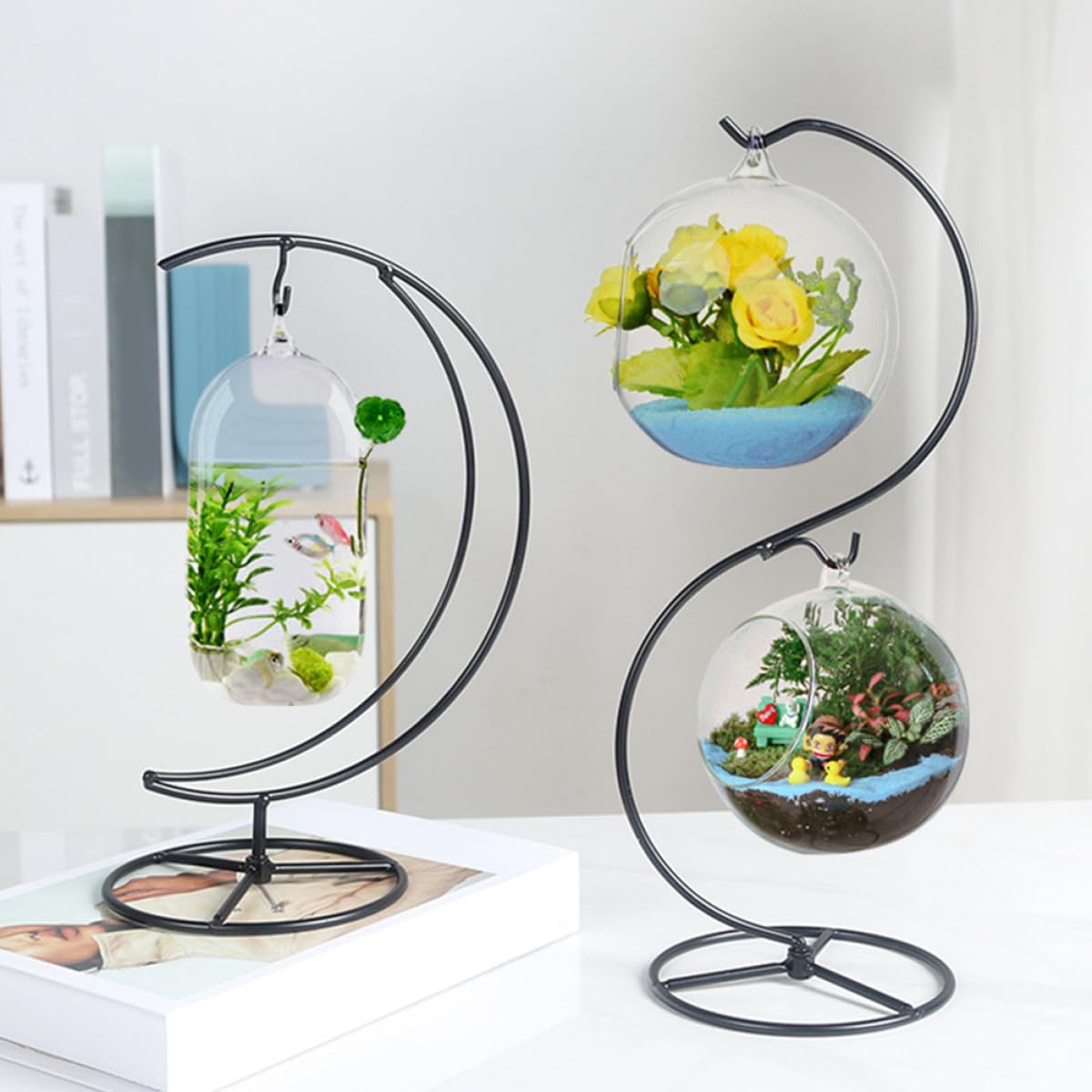TOBBOMEY Iron Half Moon Plant Stand and Ornament Display Holder, Hanging Terrarium Stand for Home Office Décor, Decorative Pendulum Rack for Glass Pots and Holiday Ornaments