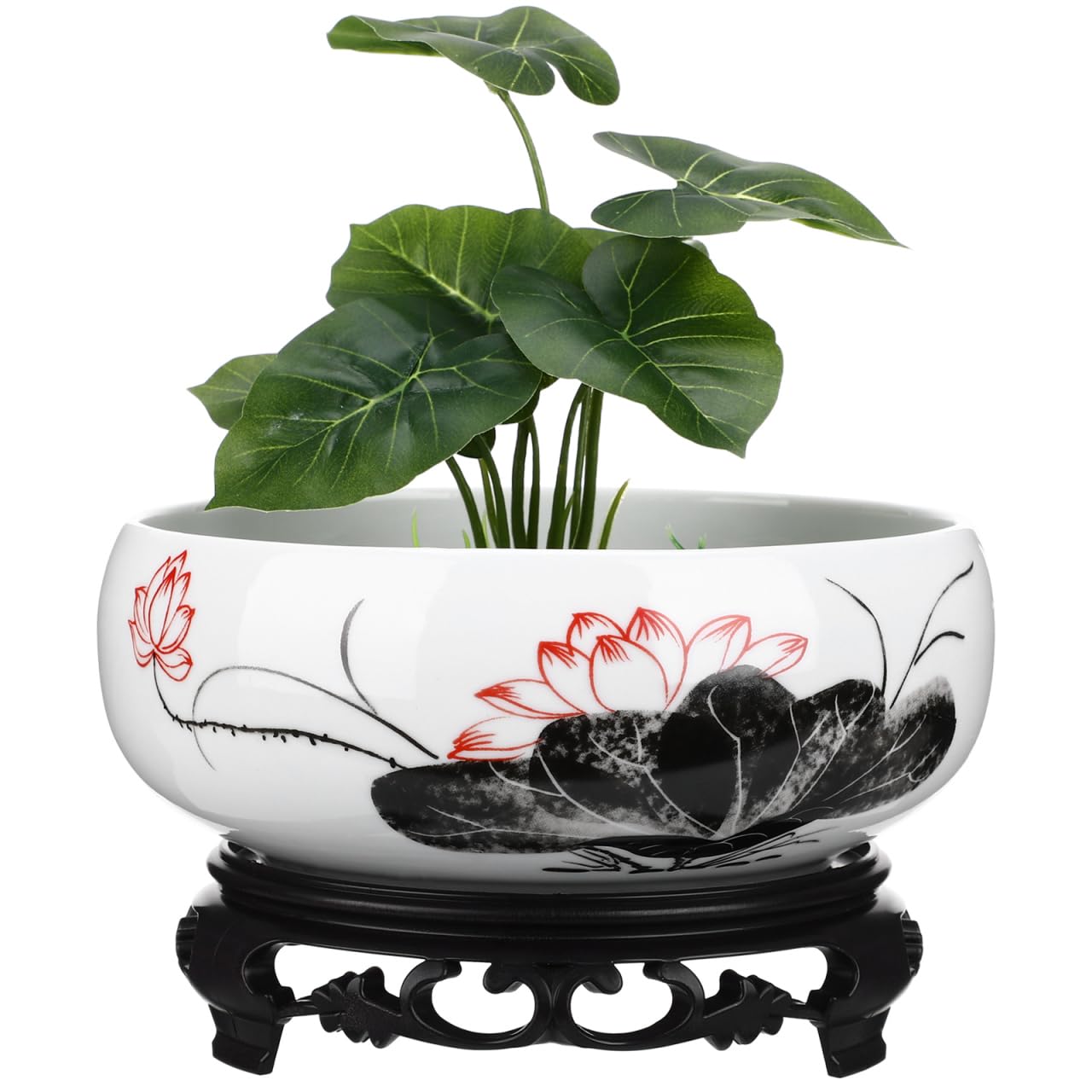 Yardwe Ceramic Hydroponic Planter Pot with Plastic Base, 7.08 Inch Round White Ceramic Lotus Bowl for Indoor Plants, Water Lily, and Home Decoration