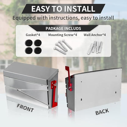 Ydocabinit Wall Mount Mailbox, Large Capacity Mailbox for House, with Flag Kit, Galvanized Steel Rust-Proof Metal Post Drop Box, Mailboxes for Outside, 15.74"×9.84"×4.33", Silver Modern Sleek Style