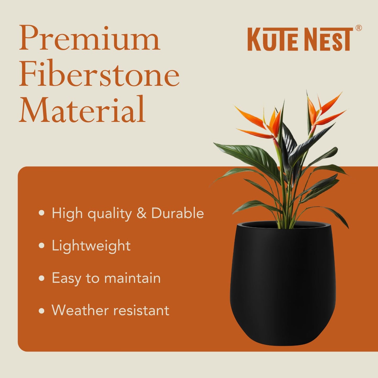 KUTE NEST 12.5" H x 11.4" D Premium Corso Fiberstone Round Tapered Planter with Drainage Hole, Weather Resistant for Indoor and Outdoor Use, Included 2 Extra Coco Mats (Black, 9" Pot Opening)