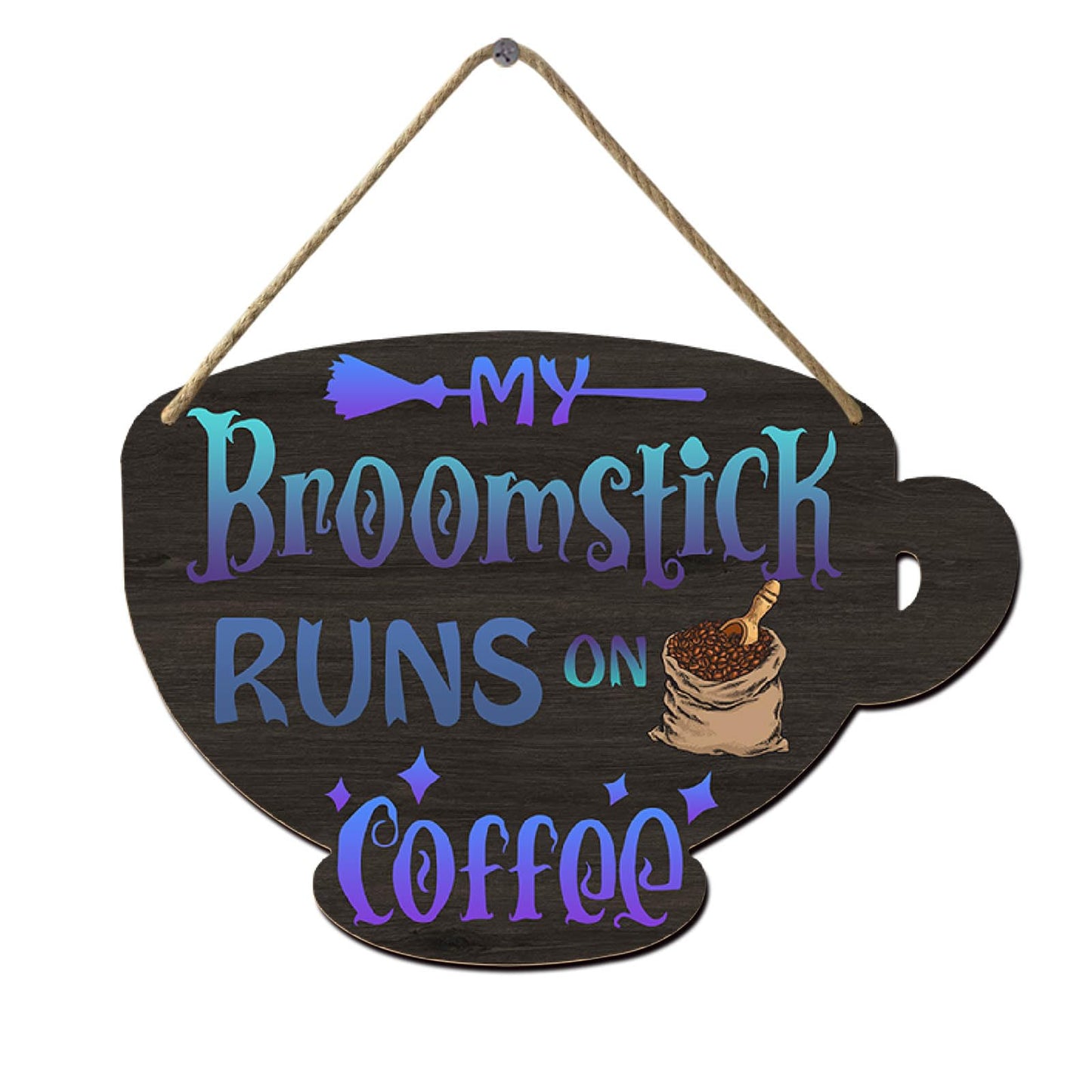 Halloween Witches Coffee Wood Sign My Broomstick Runs on Coffee Wood Plaque Rustic Hanging Sign for Home Coffee Bar Coffee Station Coffee Bar Table Coffee Bar Tiered Tray Wood Signs 4.8x6.78 Inch