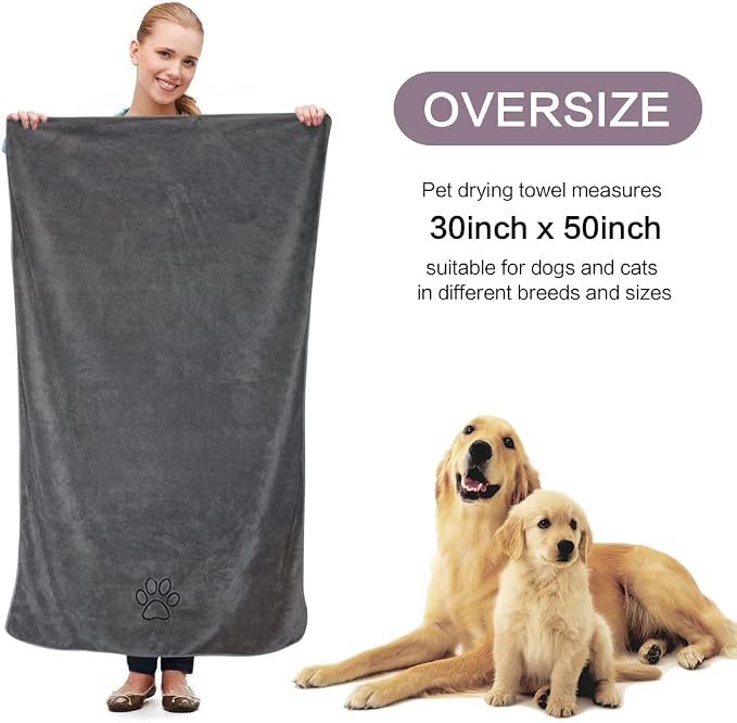 KinHwa Dog Towel Super Absorbent Pet Bath Towel Microfiber Dog Drying Towel for Small, Medium, Large Dogs and Cats 30inch x 50inch Dark-Gray