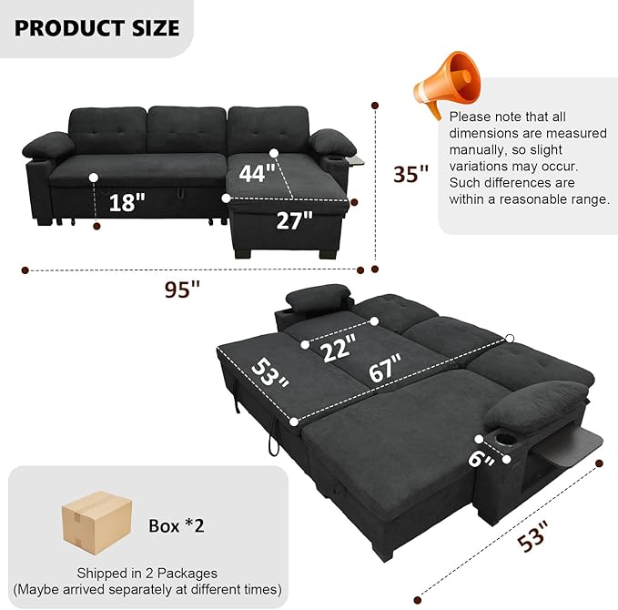 93" L Shaped Sleeper Sofa Bed, Pull Out Sectional Couch