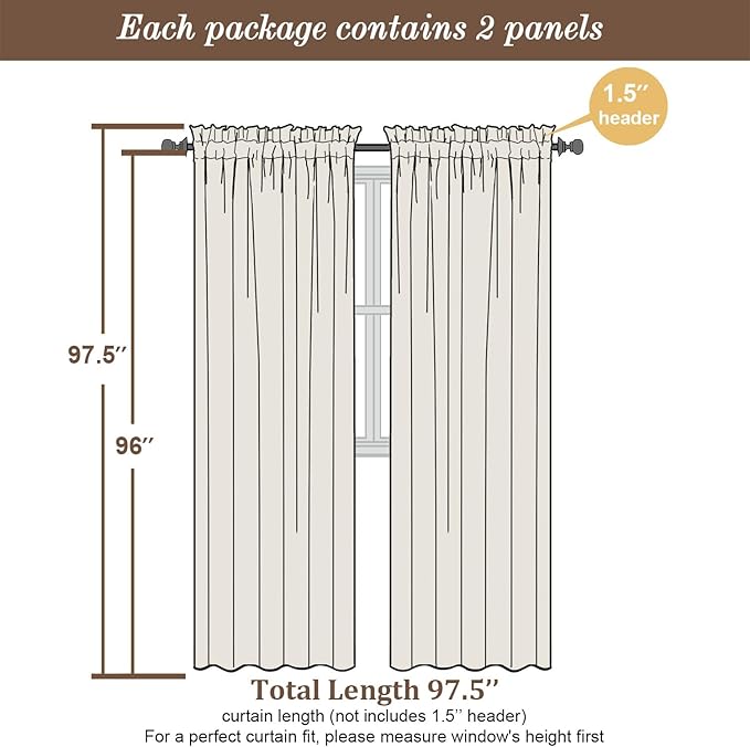 Chyhomenyc White Semi Sheer Curtains 96 Inches Long 2 Panels