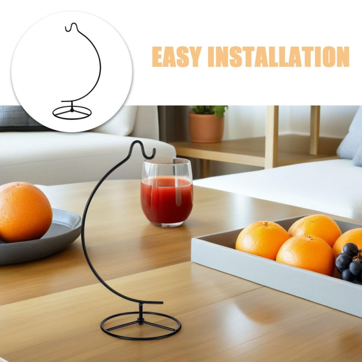 PAMINGONO 2pcs Ornament Display Hanger Stand with Hooks, Iron Hanging Flower Stand for Air Plant Terrarium and Glass Globe, Black Crescent-shaped Indoor Home Decoration