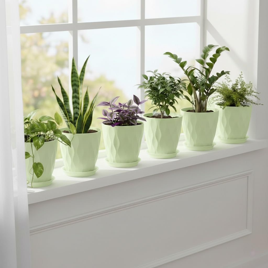 LESOASIS Plant Pots 8 Inch, 6 Pack Plastic Flower Pots for Indoor & Outdoor Plants, Planters with Drainage Holes and Saucer, Garden Pot for Plants (Green)