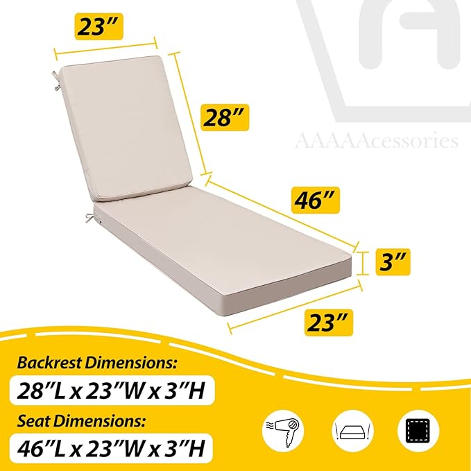 AAAAAcessories Outdoor Chaise Lounge Cushions, Fade-Resistant, Waterproof Patio