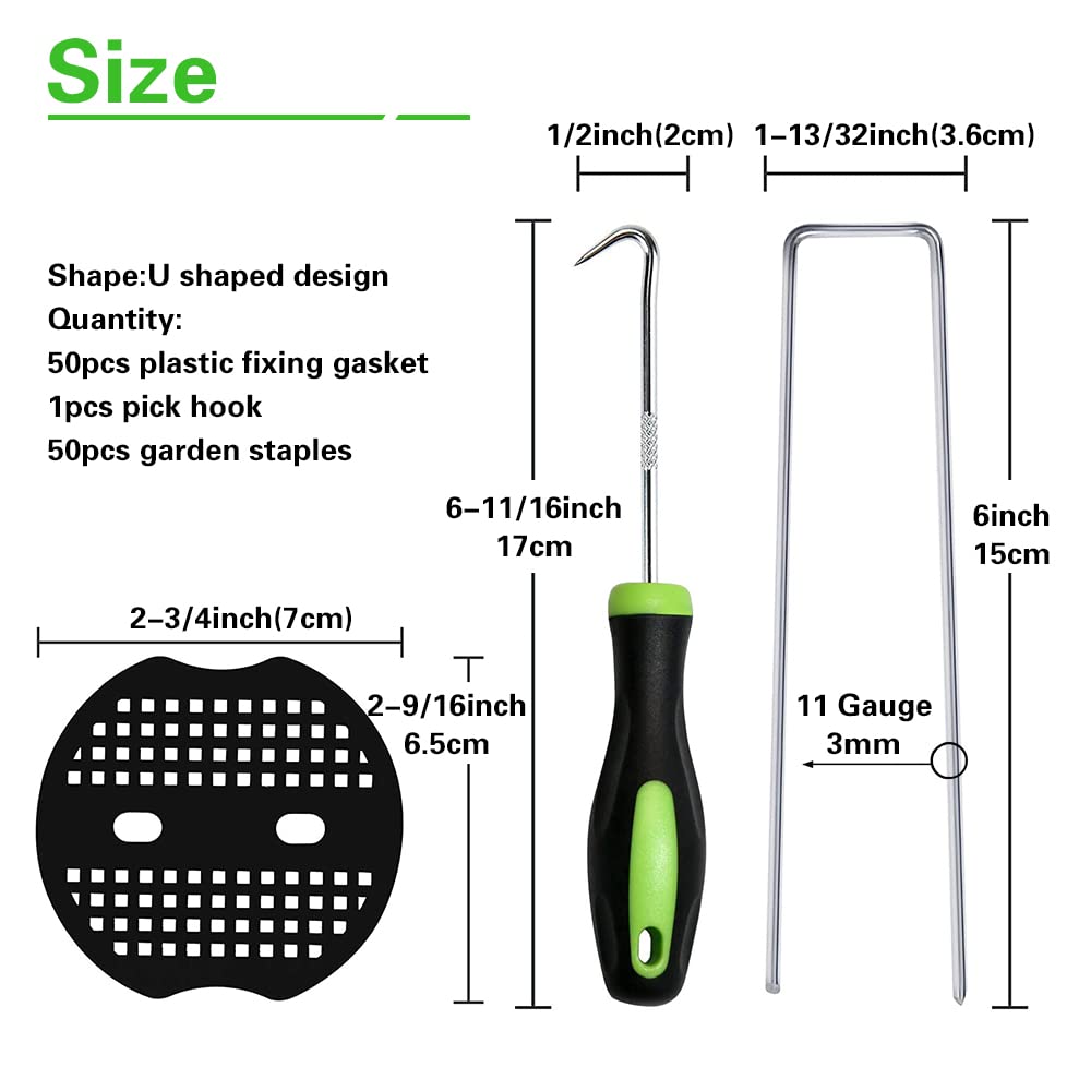 50Pcs Garden Stakes Staples + 50Pcs Gasket, Bakulyor 6 Inch Lawn Landscape Staples 11 Gauge U Shaped Galvanized Landscape Pins, Heavy Duty Yard Ground Pin for Weed Barrier Sod Fabric Decorations - 6"