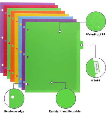 3 Set Plastic Binder Dividers with Tabs,Multicolor Index with 8-Tabs,Divider for 3 Ring Binder