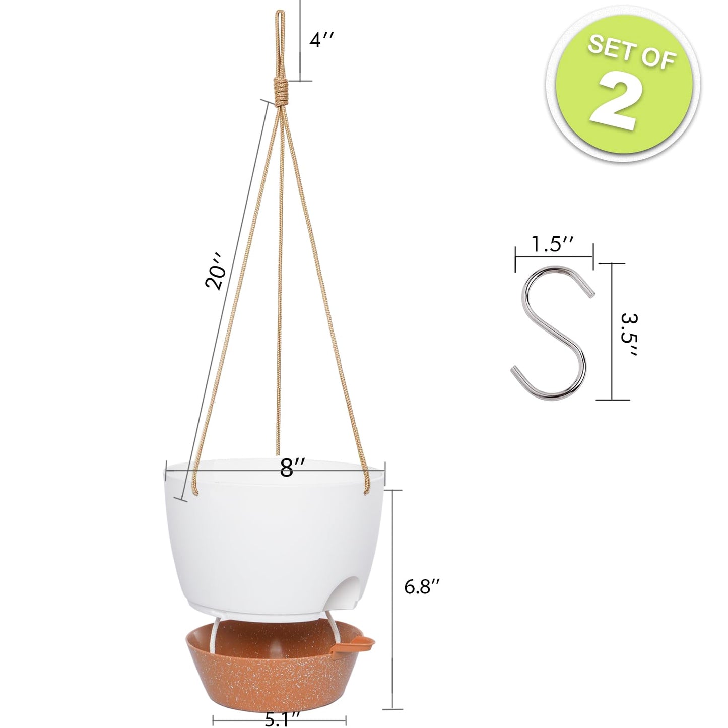 SwinDuck 8 inch Hanging Planters, 2 Pack Self Watering Hanging Pots with 20oZ Deep Reservoir for Indoor Outdoor Plants Flowers, White with Brown