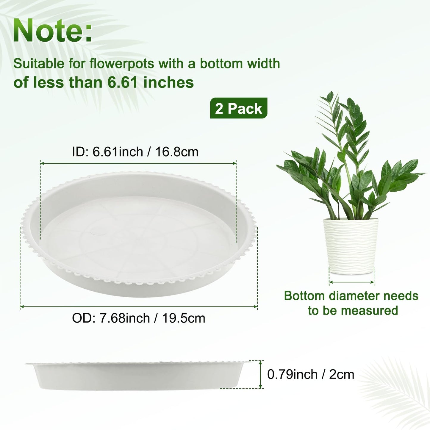 M METERXITY 2-Pack Plastic Plant Saucers, 6.6 Inch ID Round Plant Pot Water Trays for Indoor/Outdoor, Flowerpot Drip Tray [7.7 Inch OD, White]
