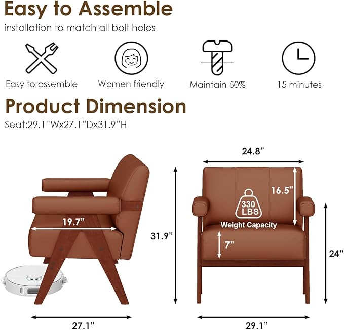 STHOUYN Brown Leather Accent Chairs Set of 2, Mid Century Modern Chair Set of 2