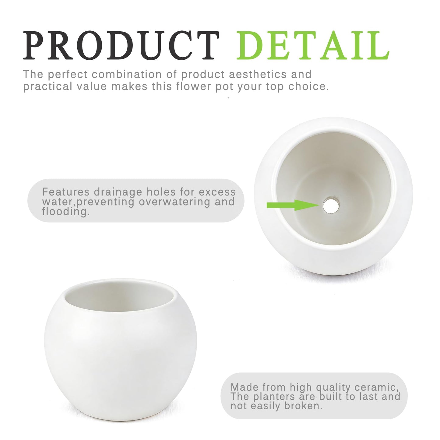 NEONWE White Spherical Ceramic Planter Succulent Small Plant Pots Indoor Modern Round Decorative Indoor-Outdoor Garden Plant Pots with Drainage Holes - Plants Not Included 3.94 x 3.94 x 3.15 Inch