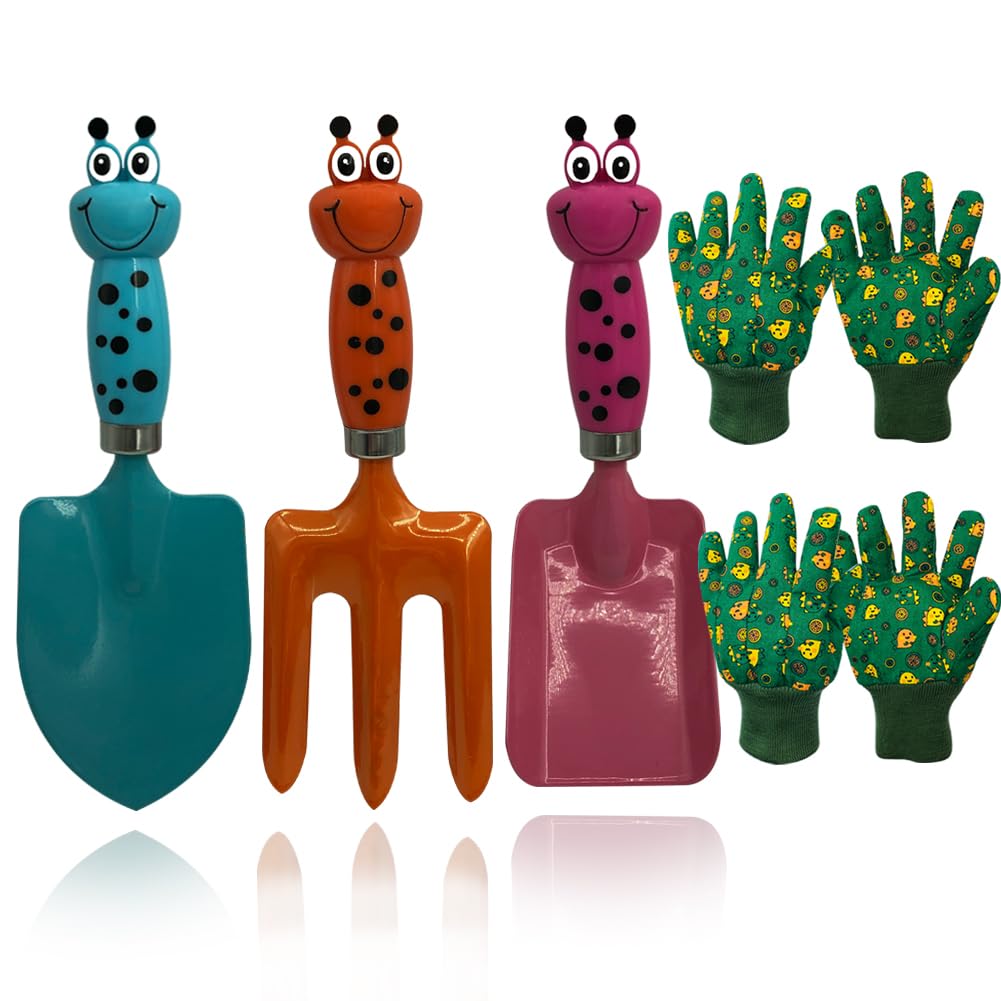 Kids Gardening Tools Gloves Set: 3 Cute Shovel Spade for Kid Garden Work with 2 Toddler Gloves for Teen Boy Girls