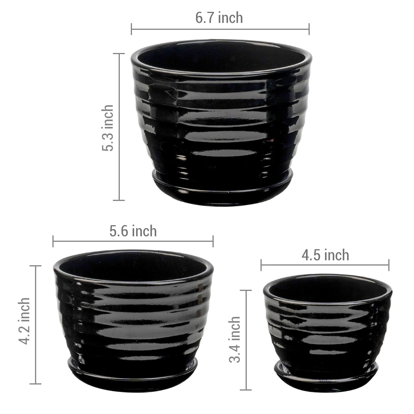 MyGift Black Ceramic Pots for Plants, 6.7+5.6+4.5 inch Flower Pots, Plant Pots Indoor with Drainage Holes and Tray, Garden Planters for Succulent and Flowers, Set of 3