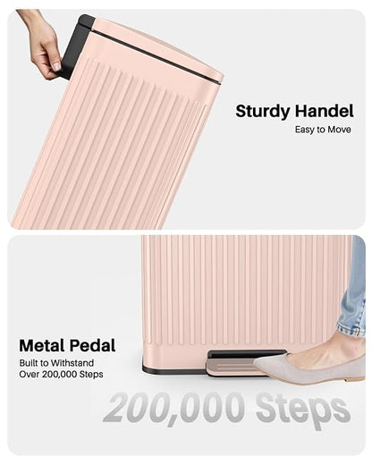 Lovewind 60 Liter/ 16 Gallon Stainless Steel Trash Can with Soft-Close Lid, Large Footstep Garbage Can with Roman Texture, Removable Inner Buckets, Recycling Bin for Kitchen Office, Pink