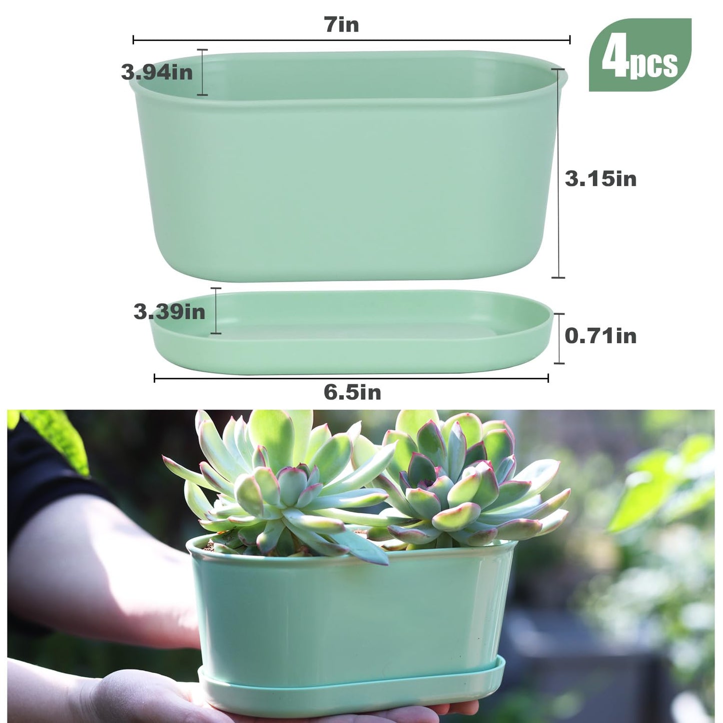 Oliz Set of 4 Green Oval Window Sill Planters with Drainage Holes and Trays（7 Inch） for Herbs Basil Orchids Succulents, Modern Herb Garden Planter for Indoor/Outdoor Plants