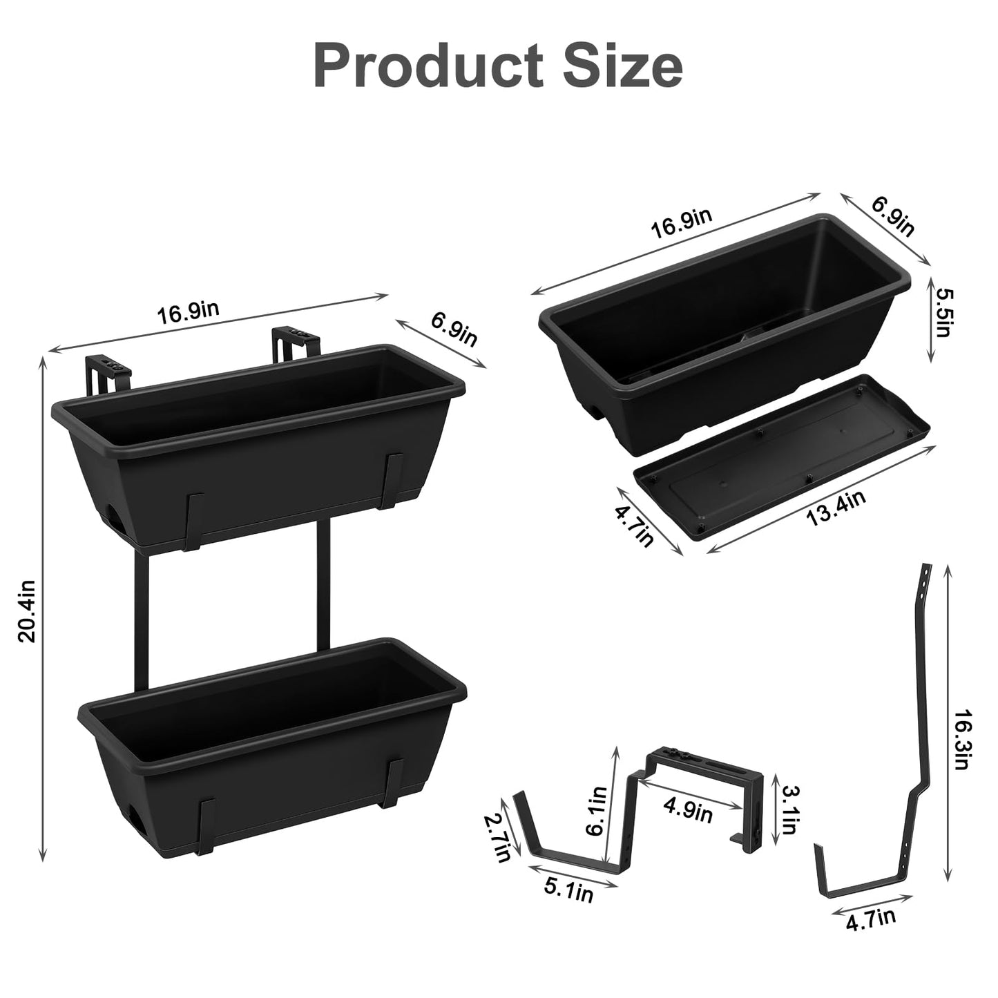 Railing Planter Box 2 Tier Window Boxes Planters Set of 2 with 4 Pack Flower Boxes 16.9 Inch Deck Railing Planter with Adjustable Brackets Black Balcony Fence Hanging Planters for Outdoor Porch Patio