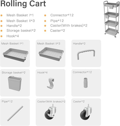4 Tier Rolling Utility Cart with Handle,REBECAT Utility Cart Made of Multifunctional Storage Organizer Tool for Kitchen,Bathroom,Living Room,Office(Gray)