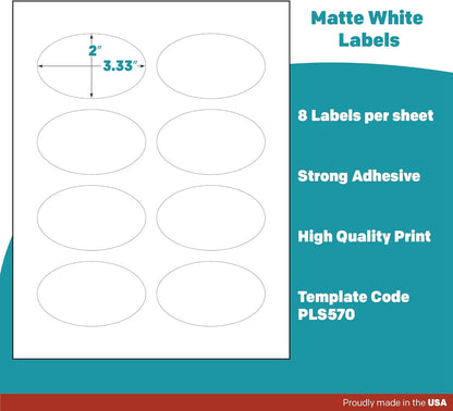 Premium Label Supply White Sticker Oval Labels – 3.33" x 2" Oval – Laser/Inkjet Compatible – (8 per Sheet), 1000 Sheets – 8,000 Total Adhesive Labels