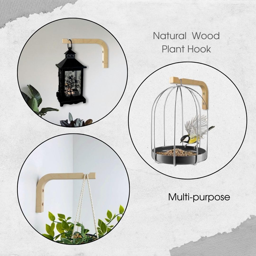 EvenWood 2-Piece Set of Plant Hooks for Wall 6 inch - Mounted Wooden Plant Hook - Indoor and Outdoor Bracket Plant Hanger for Planters, Lanterns, Bird Feeders, Patio Decorations (Natural)