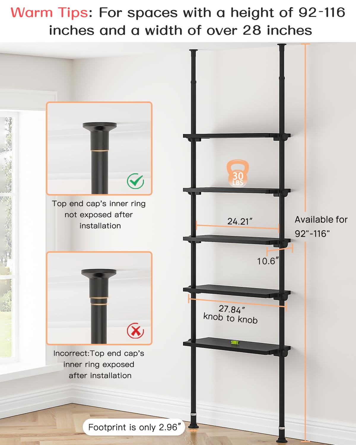 ALLZONE Adjustable Tall Narrow Bookshelf, 5-Tier Floor-to-Ceiling Tension Mount Ladder Book Shelf with Storage for Versatile Uses, Fits 92-116 Inch Ceilings, 27.84-Inch Wide Wood Shelves, Black Relief
