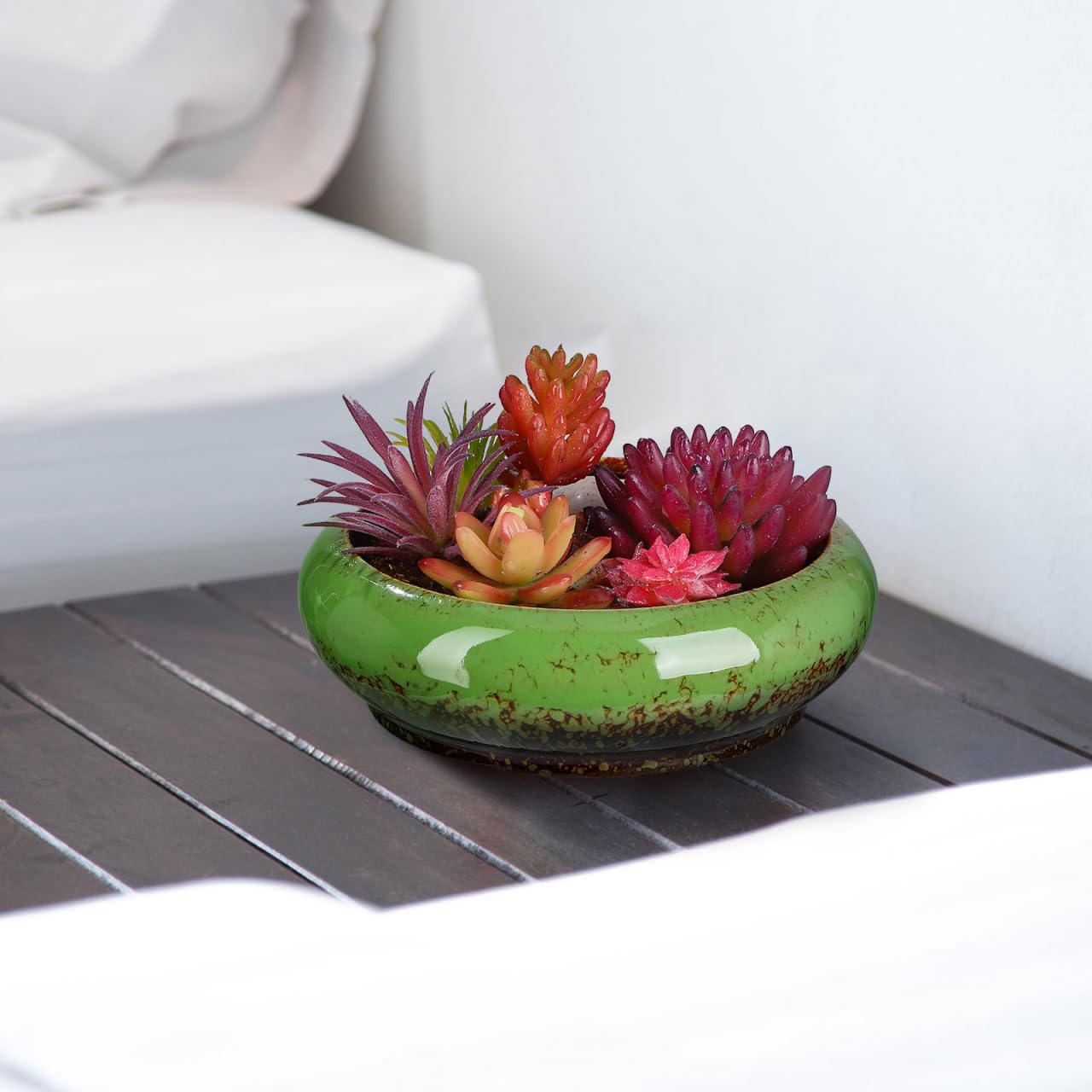 Happyyami Succulent Planter Pot 7.08In Round Shallow Bonsai Bowl with Drainage Hole for Desktop Cactus and Small Plants Decorative Container