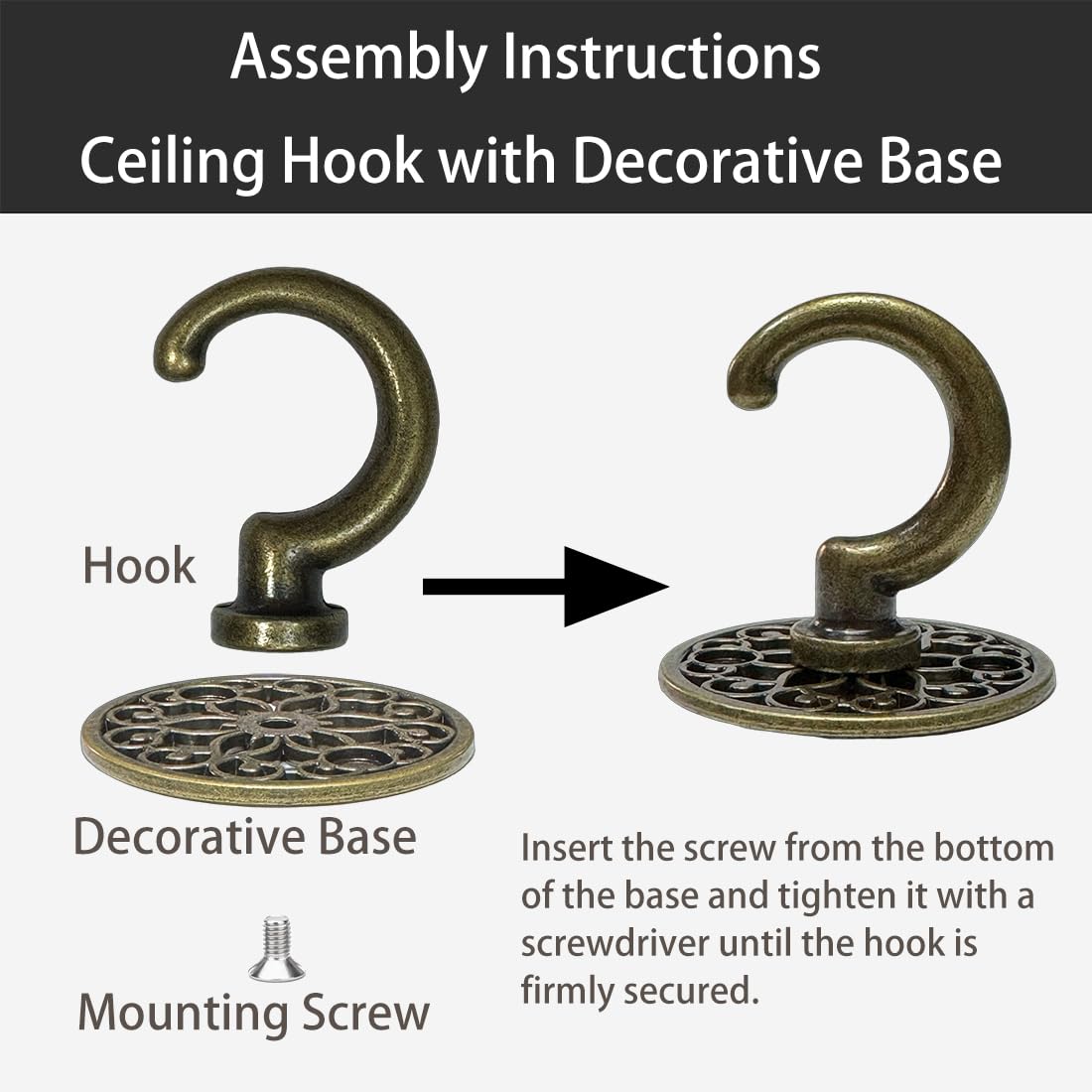 Evsteluo Heavy Duty Ceiling & Wall Hook for Hanging Plants – Holds Up to 50 lbs – – Includes All Mounting Hardware for Drywall, Wood, Cement (2, Antique Brass)
