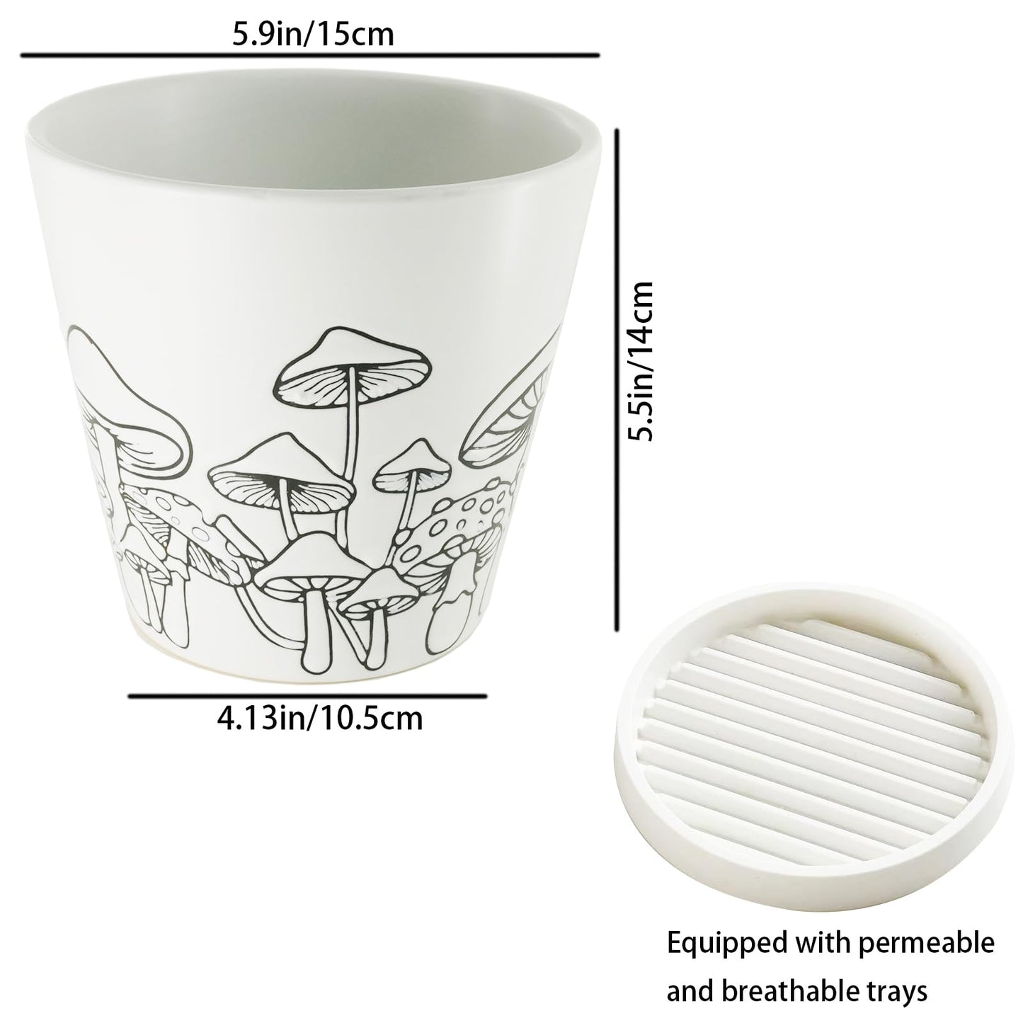 Mushroom Planter，5.5in Unique Ceramic Flower Pot with Permeable Tray，Large Caliber Indoor Flowerpot with Mushroom Relief Sculpture，Creative Planters for Housewarming Gifts and Home Decor (2 piece)