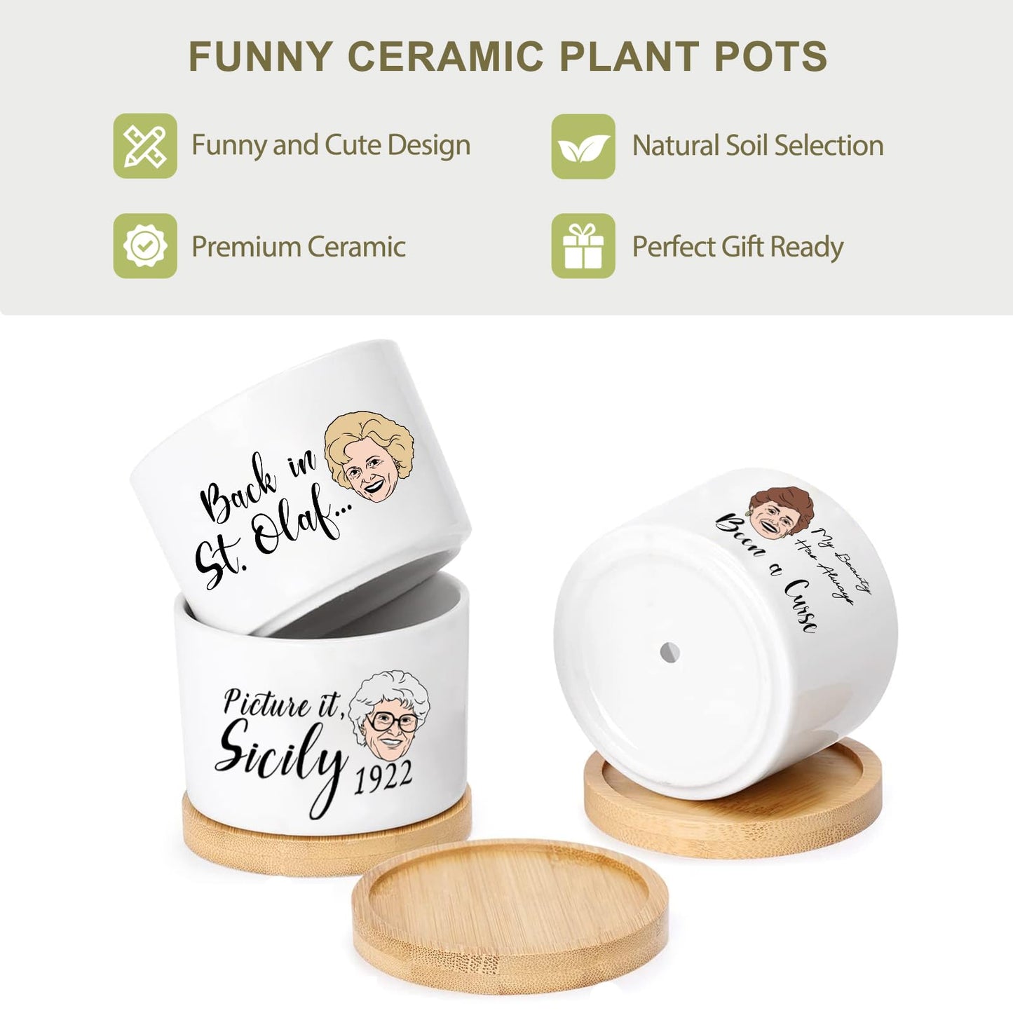 Mikopei Golden Girls Merchandise - Funny Succulent Pots Set of 4, Golden Girls Gifts for Women, Ceramic Mini Cute Planters with Bamboo Tray for Office Desk Indoor Decorations