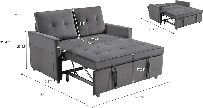 Sofa Bed, Pull Out Couch with Side Pockets, 3 in 1 Velvet Fabric Loveseat