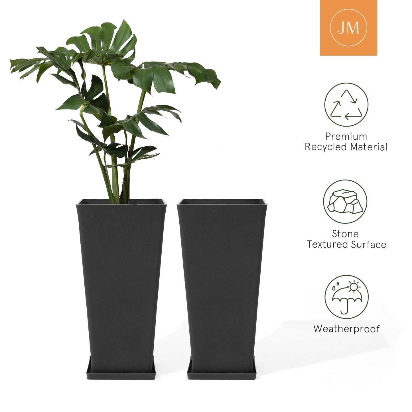 LA JOLIE MUSE 30 inch Tall Black Planters Set of 2, Indoor/Outdoor Rectangular Large V Shaped Taper Planters for Front Door