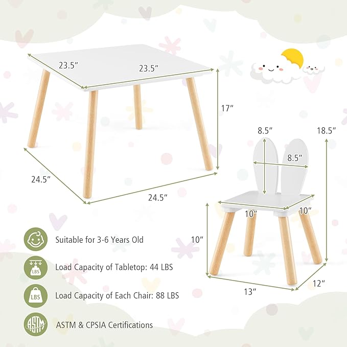 Costzon Kids Table and Chair Set, 3 Pieces Wooden Activity Table & 2 Rabbit