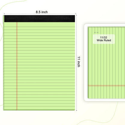 Green Legal Pad Note Pads 8.5 x 11 inch, Wide Ruled Clear Print Writing Pads 30 Sheets/Pad, 20lb Colored Paper, Perforated Notepad with Sturdy Back (3 Pads Green)