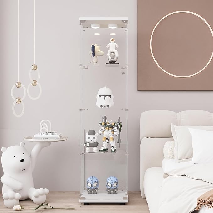 Glass Display Cabinet with LED Light and Lock, 4-Shelf Curio Cabinets with 5mm