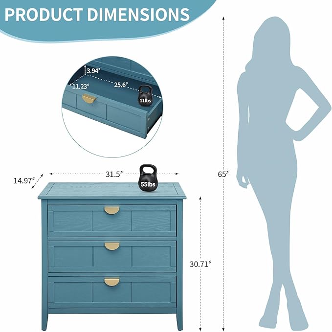31.5" Blue Accent Storage Cabinet, Modern 3-Drawer Decorative Sideboard