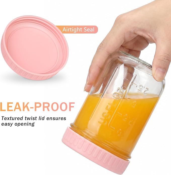 OcePor 6 Pack Overnight Oats Containers with Lids and Spoons, 16 OZ Glass Mason Overnight Oats Jars, Large Capacity Airtight Jars for Milk, Cereal, Fruit (Pink+Wooden-handled spoon)