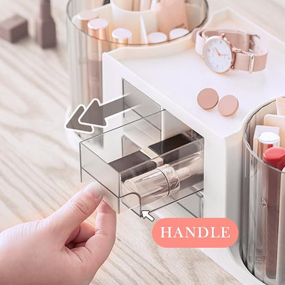 360 Rotating Makeup Brush Holder with 3 Drawers, Makeup Organizer Countertop with 10 Slots Pencil Holder for Countertop + 3 Drawer, Makeup Organizer Countertop for vanity (White (3 Drawer))