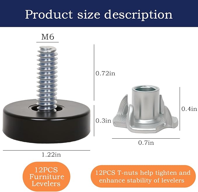 12 PCS M6 Thread Furniture Feet Levelers, Furniture Leveling Feet